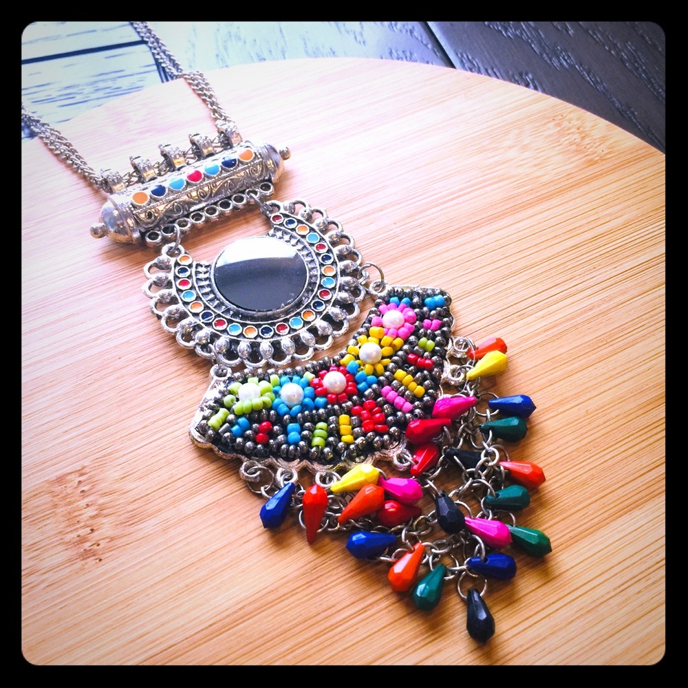 Oxidised necklace with multicolor beads hanging